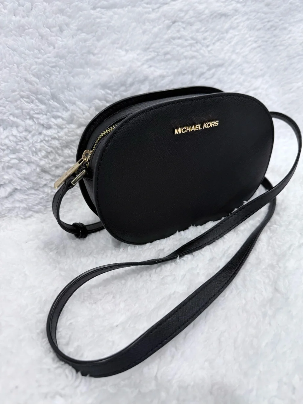 Michael Kors Black Oval Saffiano Crossbody with Gold Logo